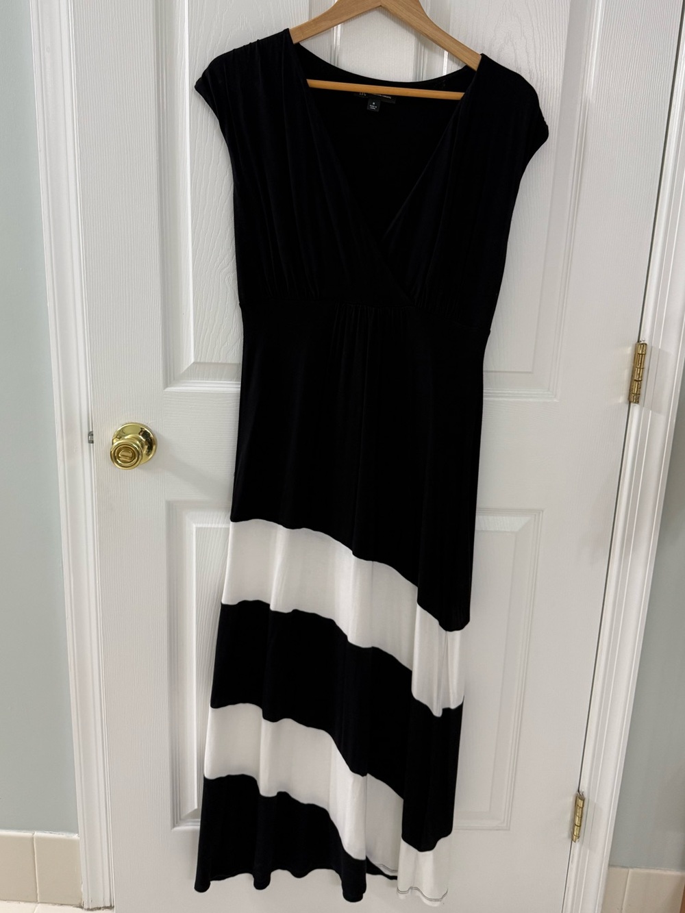 INC Black and White Striped Maxi Dress - V-Neck Cap Sleeve